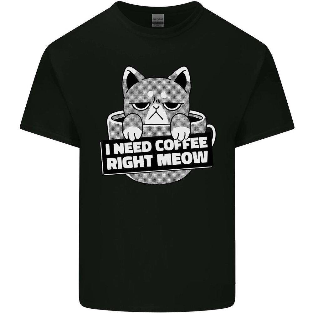 Cat I Need Coffee Right Meow Funny Mens Cotton T-Shirt Tee Top